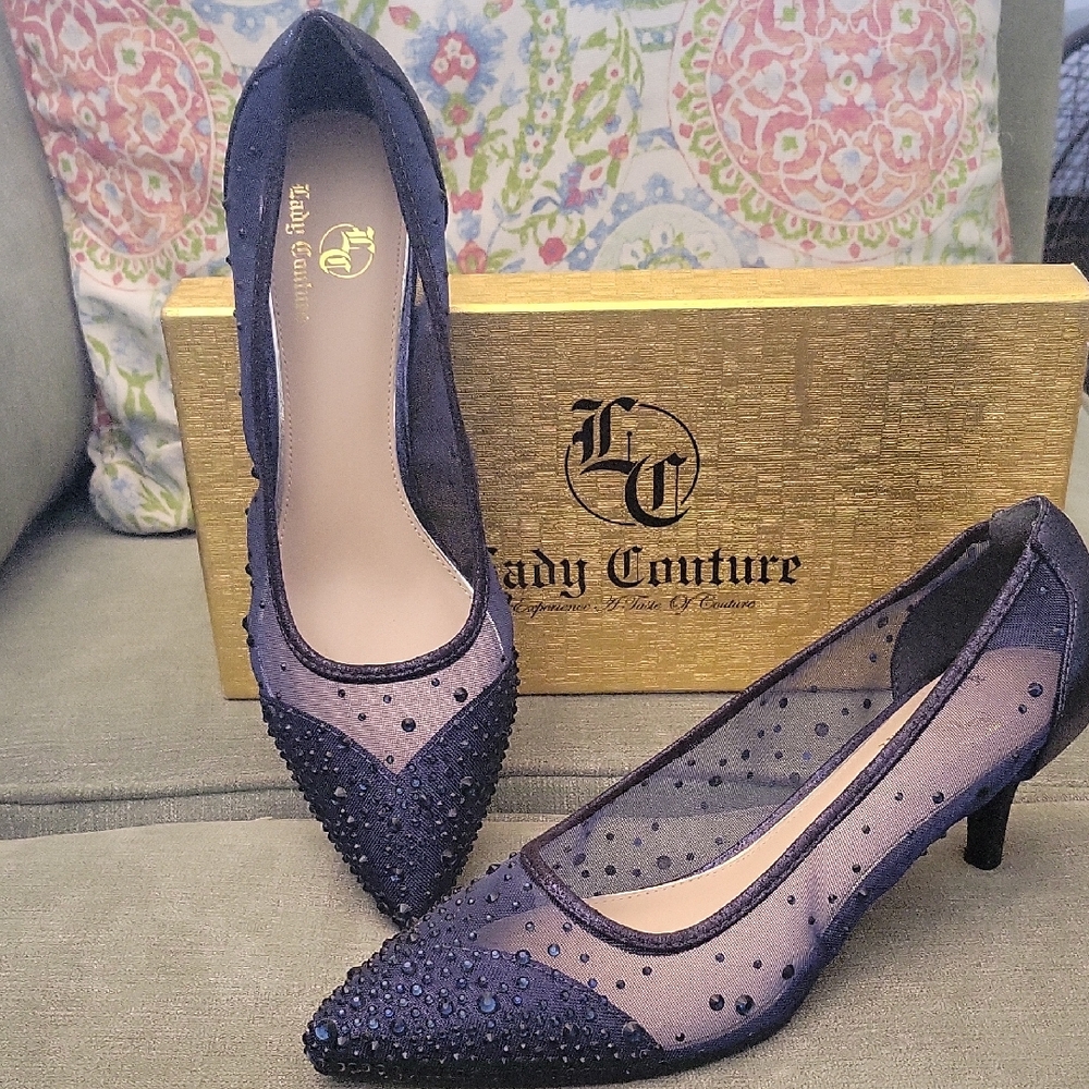 Lady Couture Navy Embellished Mesh Pointed-Toe Heels